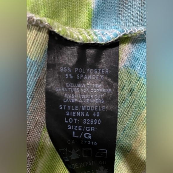 Colori, (Made in 🇨🇦), Asymmetrical Blouse, Large, Green, Blue & White - Picture 6 of 9